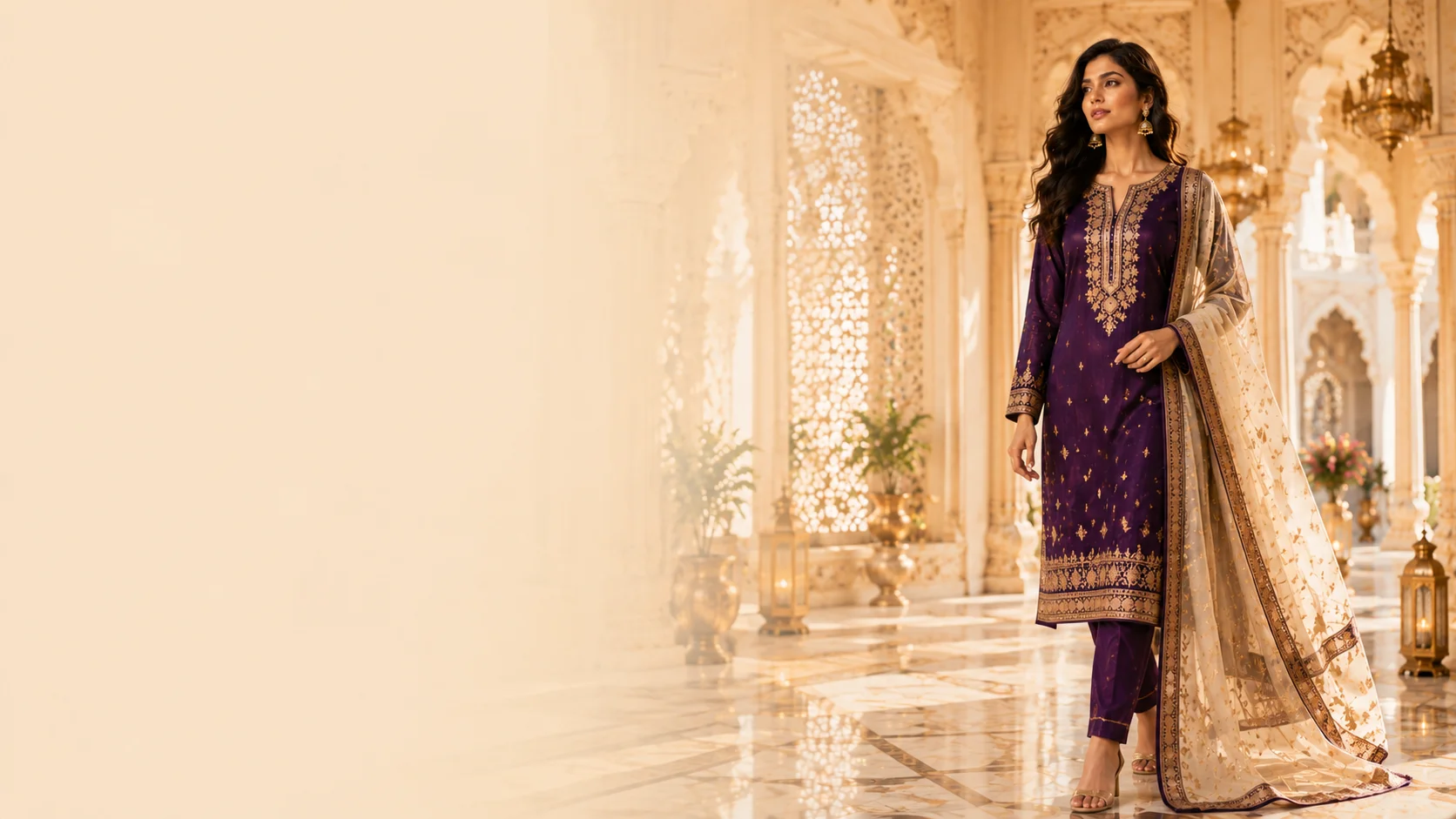 Elegant grace in a golden corridor