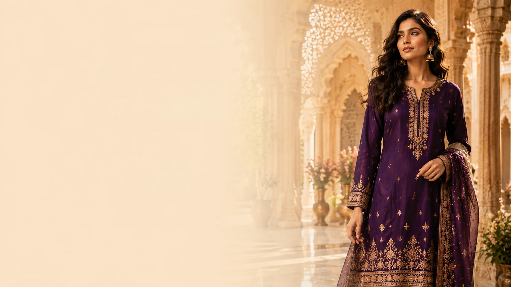 Elegant in purple against ornate architecture