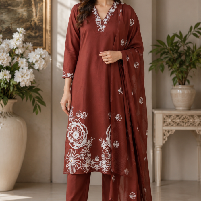 Embroidered Cutwork Stitched Suit