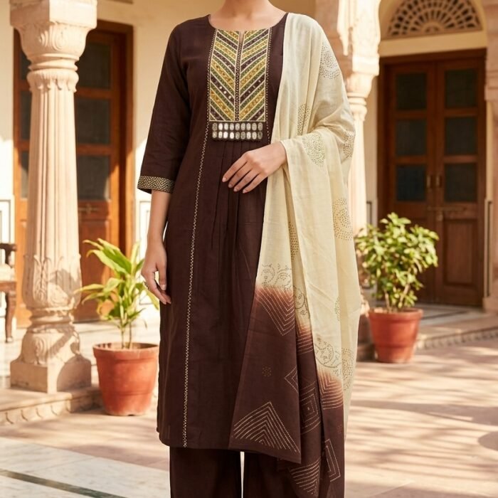 Mirror Work Brown Embroidered Sitched Suit