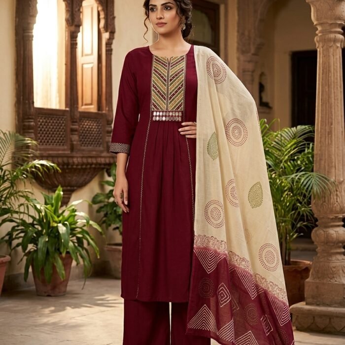 Mirror Work Mahroon Embroidered Sitched Suit